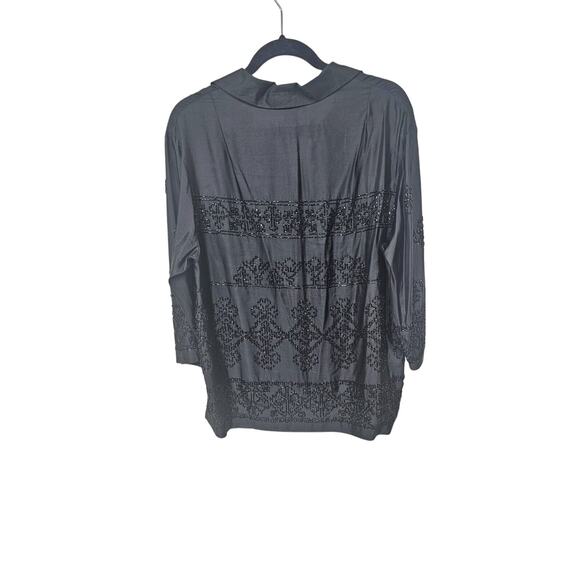 Doncaster Silk Beaded Blouse Womens 8 Black Collared 3/4 Sleeves Career Corpcore - Picture 4 of 9